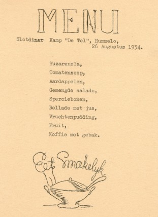 Menu van het slotdiner op 26 augustus 1954 (collectie W.K. Lampe)